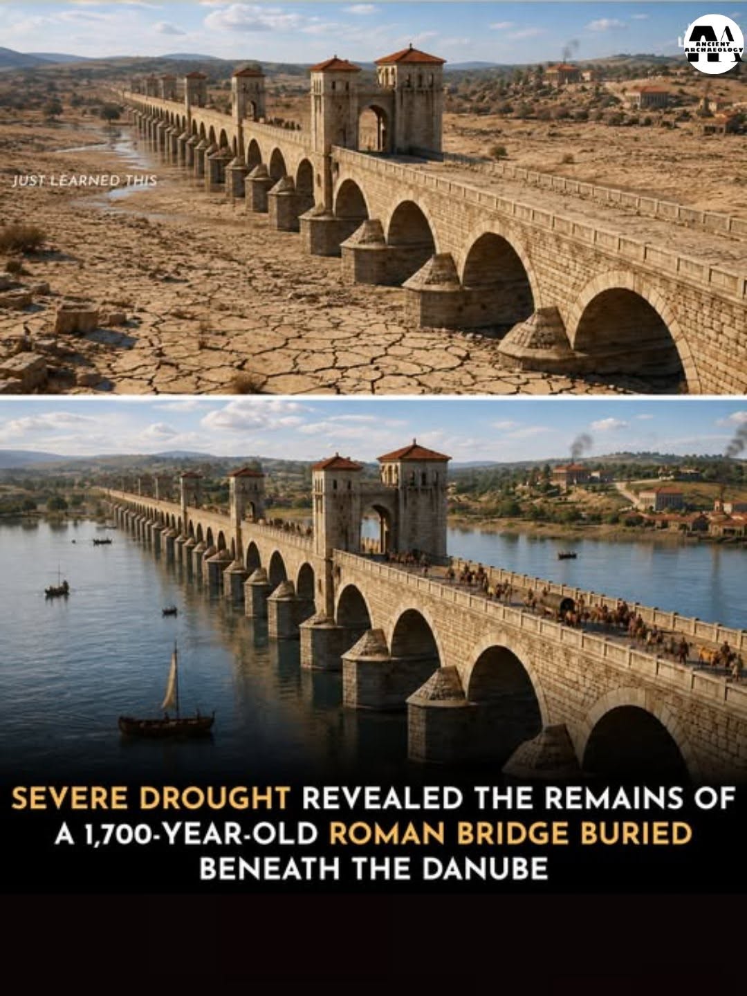 Có thể là hình ảnh về văn bản cho biết '26166 JUST JUSTLE LEARNED JUSTLEARNEDTHIS THIS ะเโคย SEVERE DROUGHT REVEALED THE REMAINS OF A 1,700-YEAR-OLD -OLD ROMAN BRIDGE BURIED BENEATH THE DANUBE'