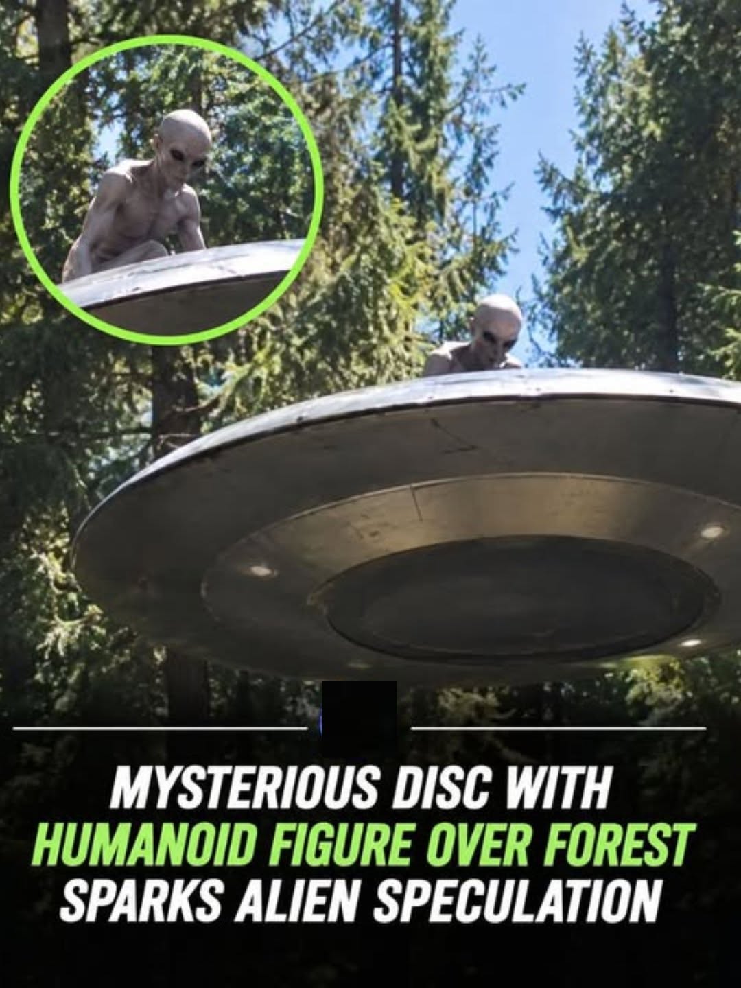 Có thể là hình ảnh về đĩa ném và văn bản cho biết '九 MYSTERIOUS DISC WITH HUMANOID FIGURE OVER FOREST SPARKS ALIEN SPECULATION'